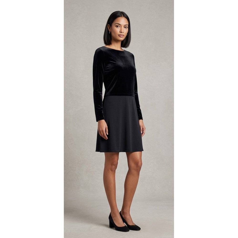 J. Jill Wearever Black Velvet Mixed Media Long Sleeve Dress Small side slits